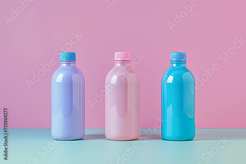 Three Different Colored and Shaped Water Bottles In The Style of Pastel Goth. Original 3D Minimalist Bottle Concept