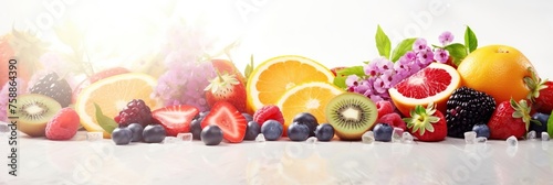 Fruits for a smoothie  are on a wooden table there a glass with a smoothie  on a white background with sunlight  banner