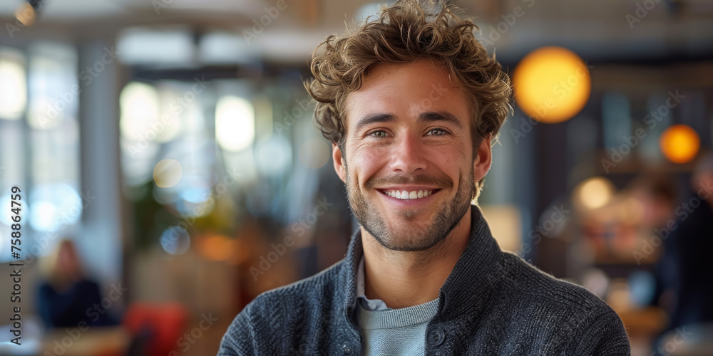 Office Professional, Young man smiling at workplace, Modern Work Environment - obrazy, fototapety, plakaty 