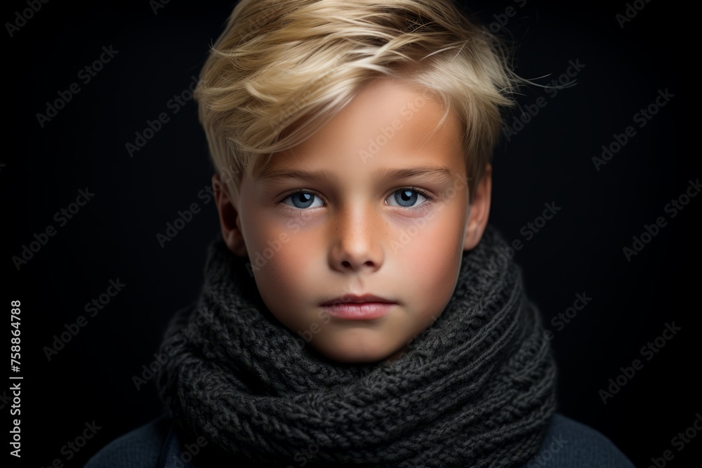 Portrait of a cute little boy with blond hair and blue eyes wearing a scarf. Studio shot. Portrait of a cute little boy with blond hair and blue eyes wearing a scarf. Studio shot.