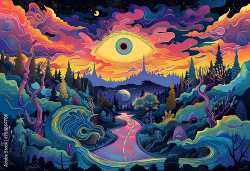 Psychedelic illustration of an eye in the sky, a road leading to it and clouds surrounding it. © Photo And Art Panda