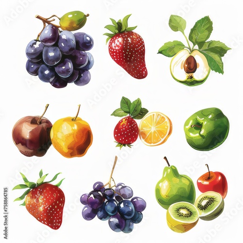 Clip art illustration with various types of fruit on a white background.