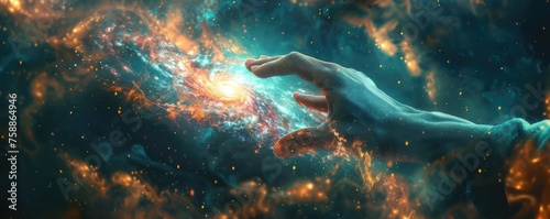 Conceptual design of a hand extending from a galaxy. Touch of human hands against the background of cosmic energy. by AI generated image
