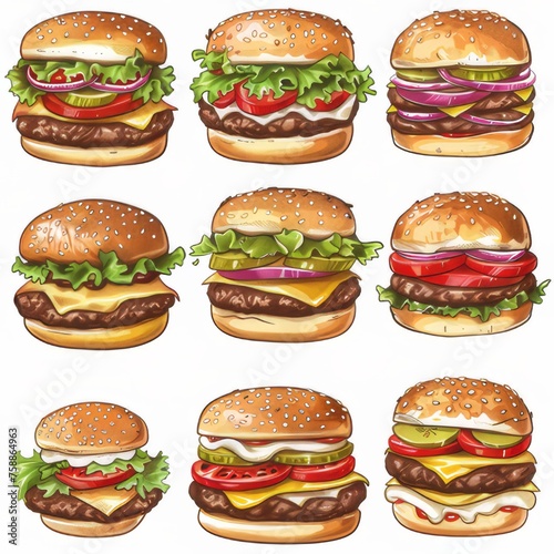 Clip art illustration with various types of Hamburger on a white background.