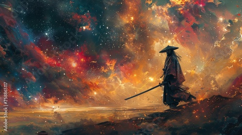 Abstract depiction of a space-faring samurai merging traditional bushido photo