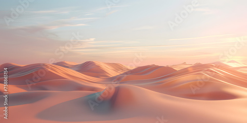 3D render of an aesthetic, minimalist desert scene at sunset, with long shadows and a calming ambiance © Abstract Delusion