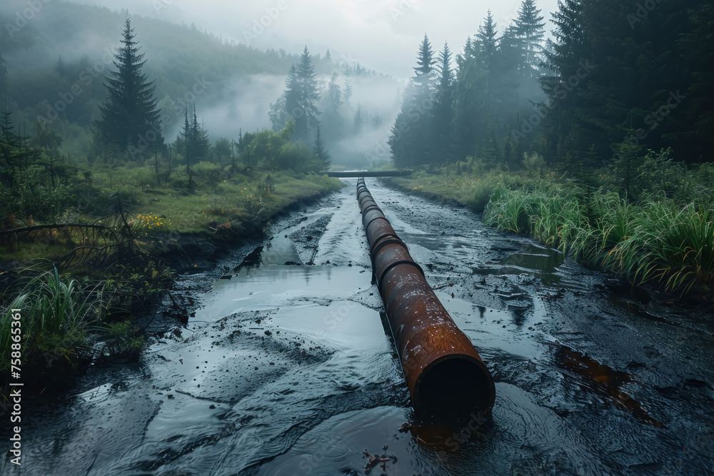 Environmental Challenge, Polluted water from pipe, Nature vs Industry - obrazy, fototapety, plakaty 