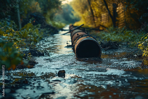 Environmental Challenge, Polluted water from pipe, Nature vs Industry photo