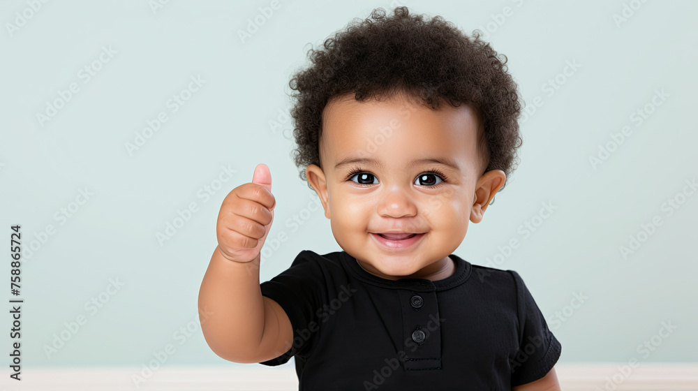 A toddler giving a thumbs up wearing black on pastel background A toddler giving a thumbs up wearing black on pastel background