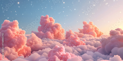 Aesthetic 3D render of pastel clouds and stars, with a dreamy, soft-focus look on a serene background 