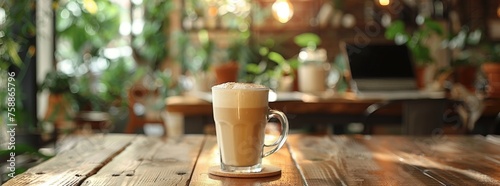 cappuccino on a rustic wooden table in a coffee shop, ecofriendly internet cafe with green plants and a cappuccino on a wooden table, AI Generated Image