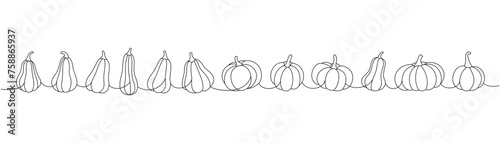 Pumpkins set. Pumpkins one line continuous drawing. Autumn halloween vegetables continuous one line illustration. Vector minimalist illustration.