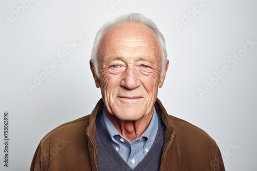 Portrait of a senior man with wrinkles on his face against grey background © Loli