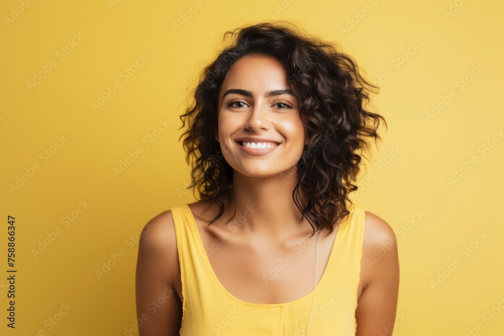 Portrait of beautiful smiling young woman with curly hair over yellow background Portrait of beautiful smiling young woman with curly hair over yellow background
