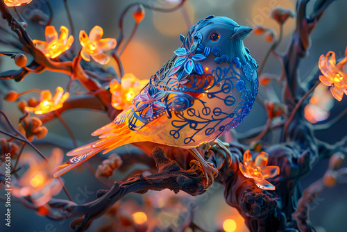 An intricately designed, luminescent bird perched on a branch with glowing orange blossoms