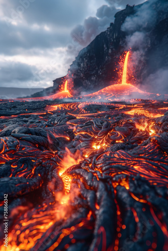 A dramatic volcanic landscape with glowing lava flows and erupting volcano cones under a tumultuous sky.