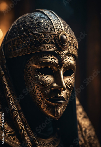 Mysterious figure wears an ancient mask, with light and shadow playing over intricate textures, evoking a cinematic feeling