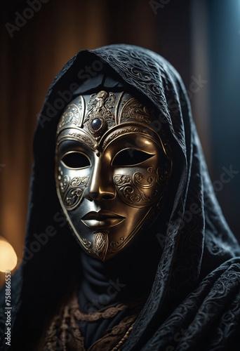 Mysterious figure wears an ancient mask, with light and shadow playing over intricate textures, evoking a cinematic feeling