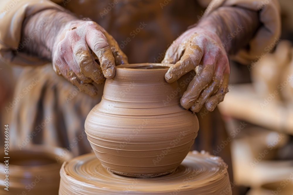 Hands of senior man working on a pottery wheel while sculpting a clay pot, close-up of a pottery workshop