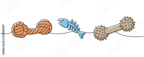 Pet supplies set. Dog chew toy, fish bone skeleton, dog tug continuous one line illustration. Vector linear illustration.