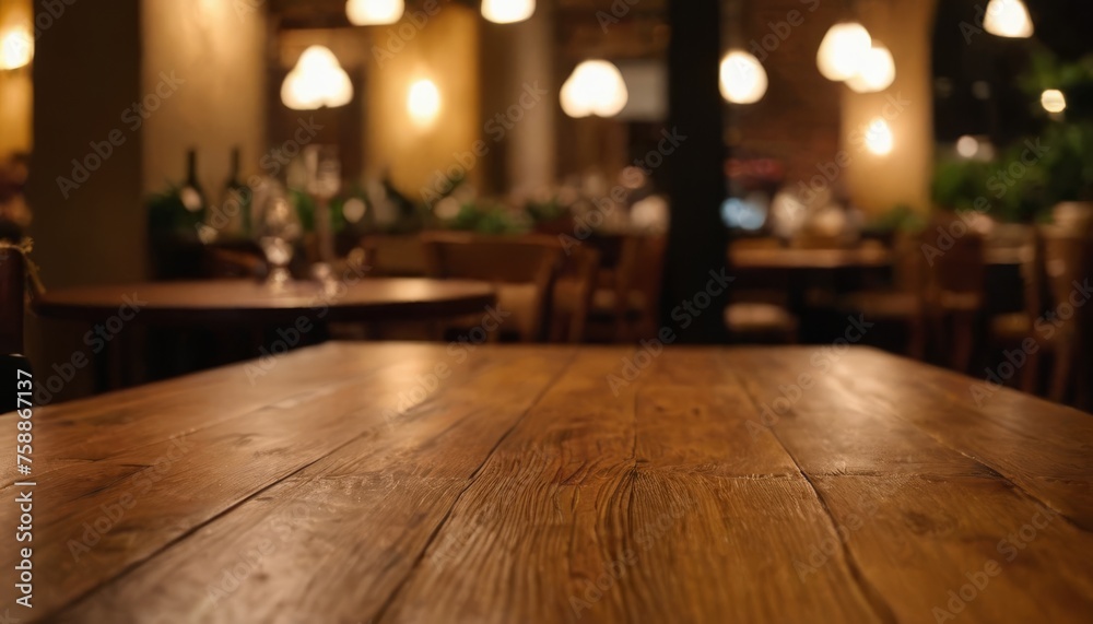 Empty wood table top on blur light gold bokeh of cafe restaurant in dark background Empty wood table top on blur light gold bokeh of cafe restaurant in dark background