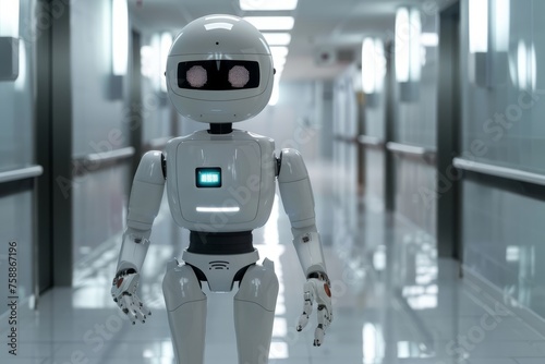 A medical robot in a hospital corridor. Future of healthcare concept.
