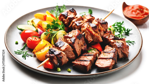 Set of kebabs with vegetables on a plate on a white background.