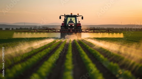 Tractor spraying pesticides on a crop field during sunset.