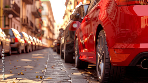 A line of cars parked on a city street, low angle view. © graja