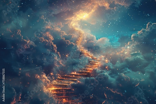 An abstract image of a staircase twisting up into the sky, merging with clouds and stars. It represents a journey into the unknown realm of thought. by AI generated image