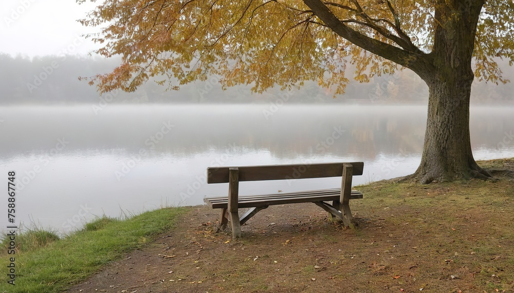 A wooden bench under an autumn tree right on the shore of a misty lake