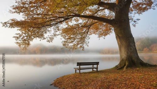 A wooden bench under an autumn tree right on the shore of a misty lake