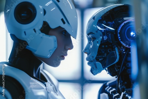Science fiction scene of a human and a futuristic android robot standing next to each other and looking into eyes photo