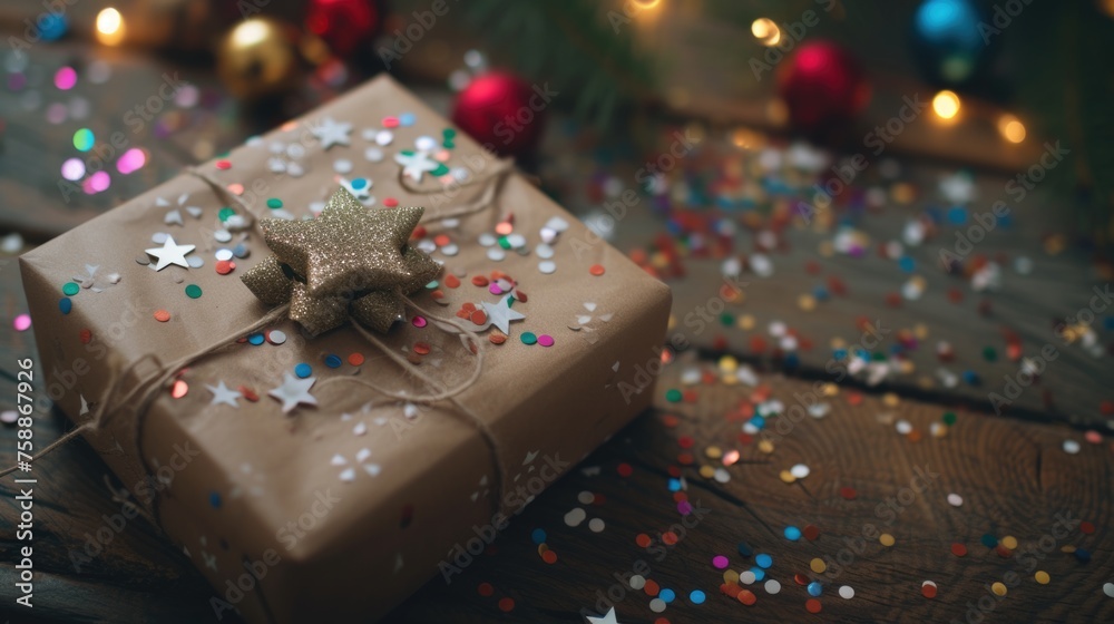 Festively wrapped Christmas gift with glittery decorations and confetti on a wooden background Festively wrapped Christmas gift with glittery decorations and confetti on a wooden background