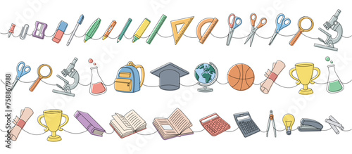 School accessories one line colored continuous drawing. Notebook, microscope, test tube, pencil, paper clip, eraser, diploma, trophy, schoolbag