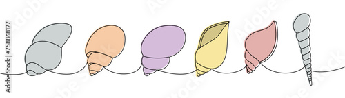 Set of sea shells. Sea shells, mollusks, scallop, pearls. Tropical underwater shells continuous one line illustration. Vector minimalist illustration.