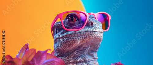 a lizard with sunglasses in blue space, in the style of vibrant color-blocking, 32k uhd, post-internet aesthetics, pink and amber, heatwave, vibrant colours © PixelPenguin