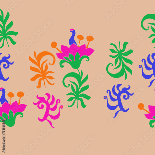 Horizontal decorative  colored branch, flower.  Hand drawn.