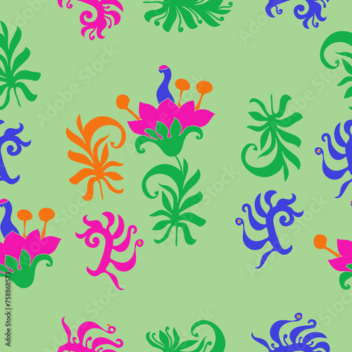 Seamless composition  colored branch, flower.  Hand drawn.