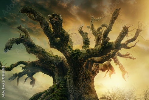 A realistic image of an ancient tree dark side with branches transformed into hands. Raised to the sky to plead for environmental protection. by AI generated image
