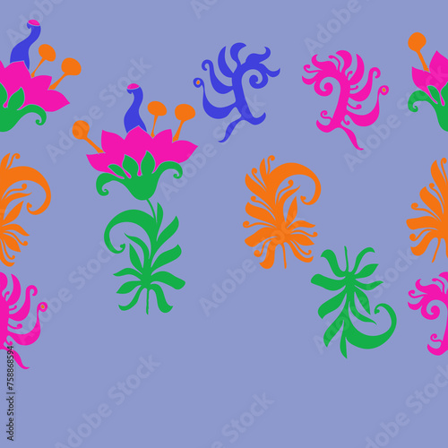 Horizontal arrangement colored branch, flower.  Hand drawn.