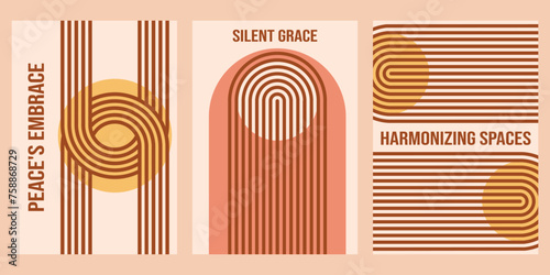 Minimalist geometric zen arches poster collection with text - Peace, Silent Grace, Harmonizing. Abstract boho shapes in a retro aesthetic for versatile design use. Vector concept design