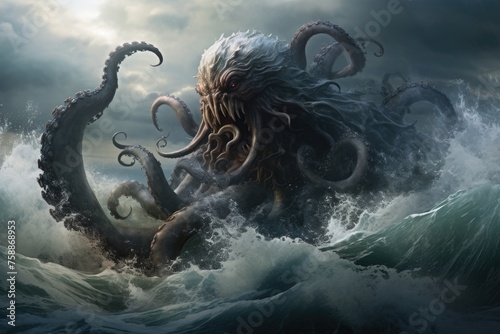 Mythical Sea Monster in Stormy Ocean