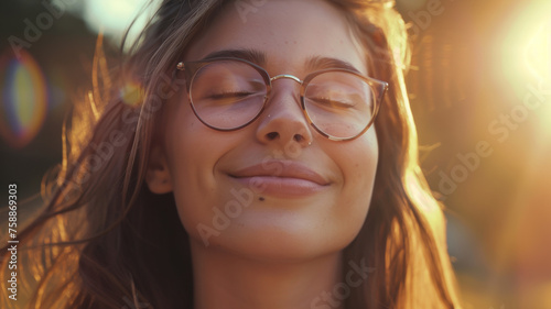 Serene woman enjoys a golden sunset, her glasses reflecting light.