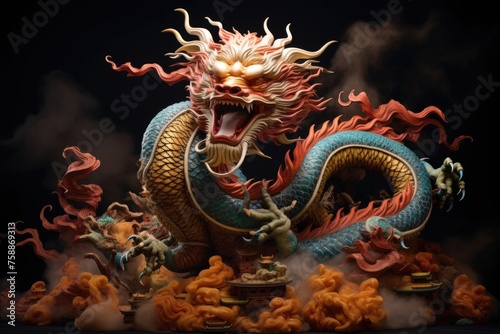Vibrant dragon sculpture in festive setting. Close-up of traditional Asian art. © Julia Jones