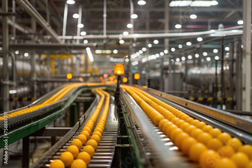 Automated sorting line with oranges in food processing facility.