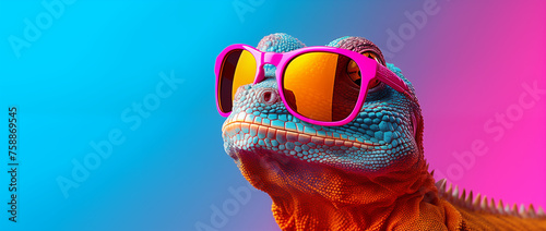 a lizard with sunglasses in blue space, in the style of vibrant color-blocking, 32k uhd, post-internet aesthetics, pink and amber, heatwave, vibrant colours © PixelPenguin