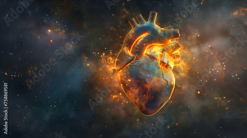 Abstract artistic representation of a healthy heart MRI, blending the scan with digital art to create a mesmerizing image. The heart appears to pulse with life, set against a galaxy-inspired backgroud