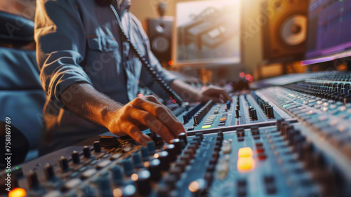 DJ's hands expertly maneuvering on a sound mixer. © VK Studio