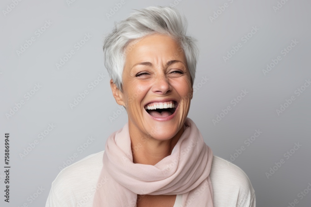 Portrait of a happy senior woman laughing and looking at camera over grey background Portrait of a happy senior woman laughing and looking at camera over grey background